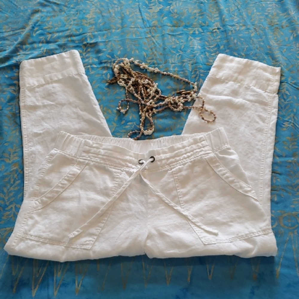 Athleta Linen Cuffed Ankle Pants, Size 12 & White